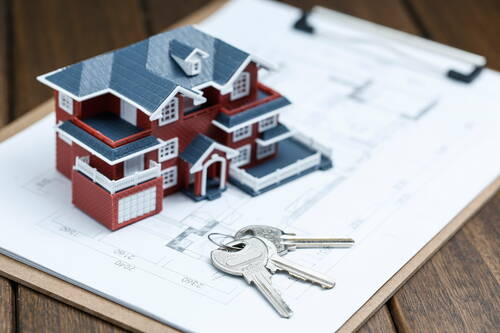 Villa house model key drawing retro desktop real estate sale concept